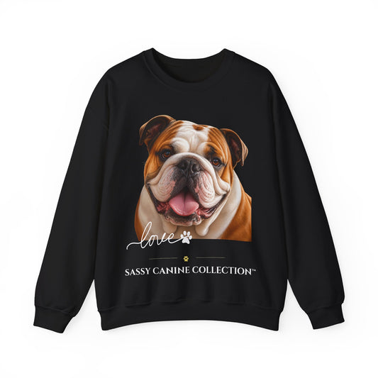 A black crewneck sweatshirt featuring a large graphic print of an English Bulldog on the front, with the text 'love' in white script, a paw print, and 'SASSY CANINE COLLECTION' printed below.