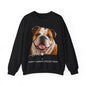 A black crewneck sweatshirt featuring a large graphic print of an English Bulldog on the front, with the text 'love' in white script, a paw print, and 'SASSY CANINE COLLECTION' printed below.