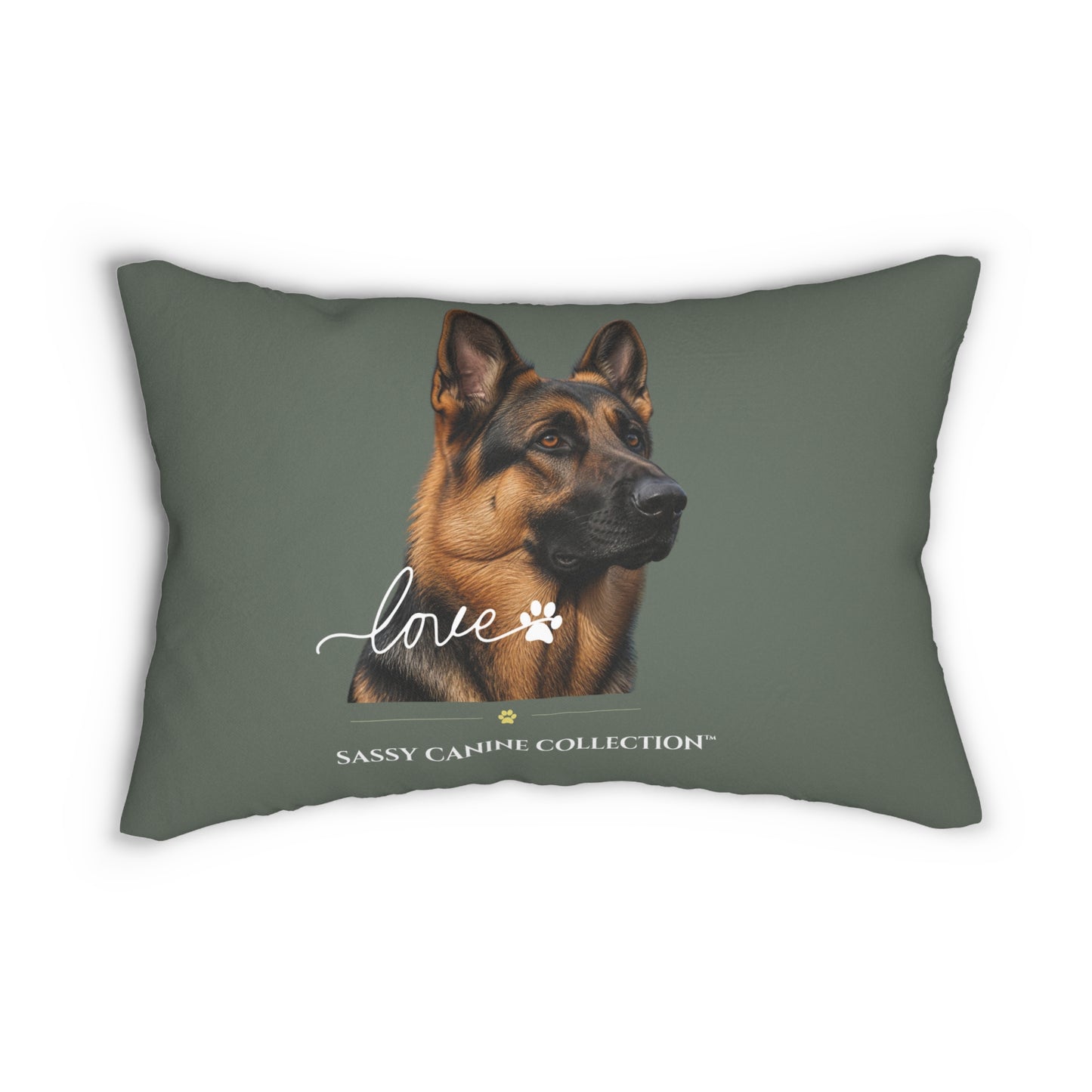 A rectangular throw pillow in a muted sage green color, featuring an image of a German Shepherd. Below the dog's portrait, the word 'love' is written in white script alongside a paw print, and the text 'SASSY CANINE COLLECTION' is printed at the bottom