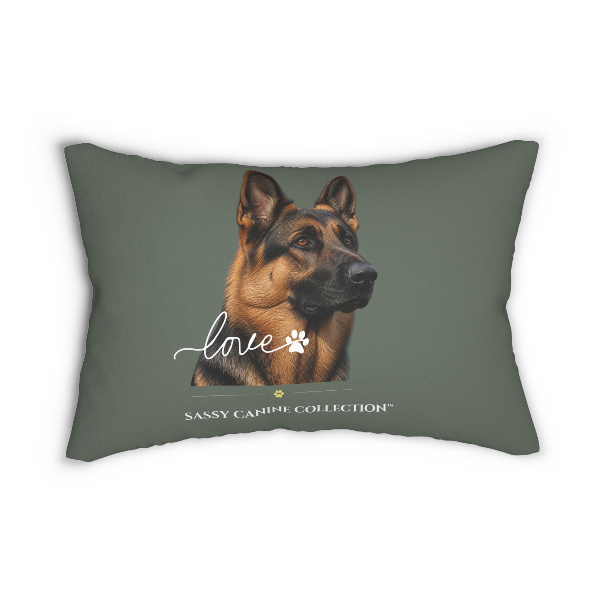 A rectangular throw pillow in a muted sage green color, featuring an image of a German Shepherd. Below the dog's portrait, the word 'love' is written in white script alongside a paw print, and the text 'SASSY CANINE COLLECTION' is printed at the bottom