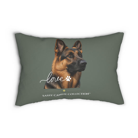 A rectangular throw pillow in a muted sage green color, featuring an image of a German Shepherd. Below the dog's portrait, the word 'love' is written in white script alongside a paw print, and the text 'SASSY CANINE COLLECTION' is printed at the bottom