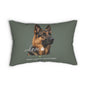 A rectangular throw pillow in a muted sage green color, featuring an image of a German Shepherd. Below the dog's portrait, the word 'love' is written in white script alongside a paw print, and the text 'SASSY CANINE COLLECTION' is printed at the bottom
