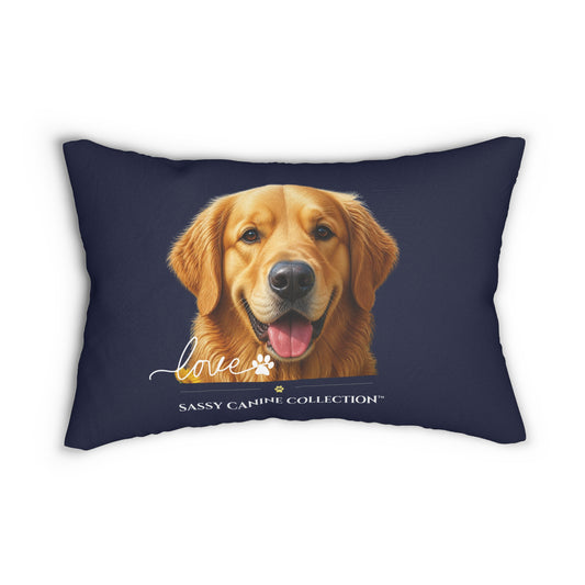 navy blue throw pillow featuring a portrait of a golden retriever and the text 'love' and 'Sassy Canine Collection