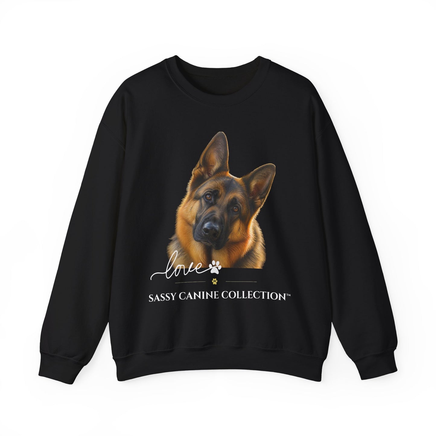 A black crewneck sweatshirt featuring a graphic print of a German Shepherd dog with the text 'Love' and 'Sassy Canine Collection' on the front, displayed against a solid white background.
