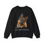 A black crewneck sweatshirt featuring a graphic print of a German Shepherd dog with the text 'Love' and 'Sassy Canine Collection' on the front, displayed against a solid white background.