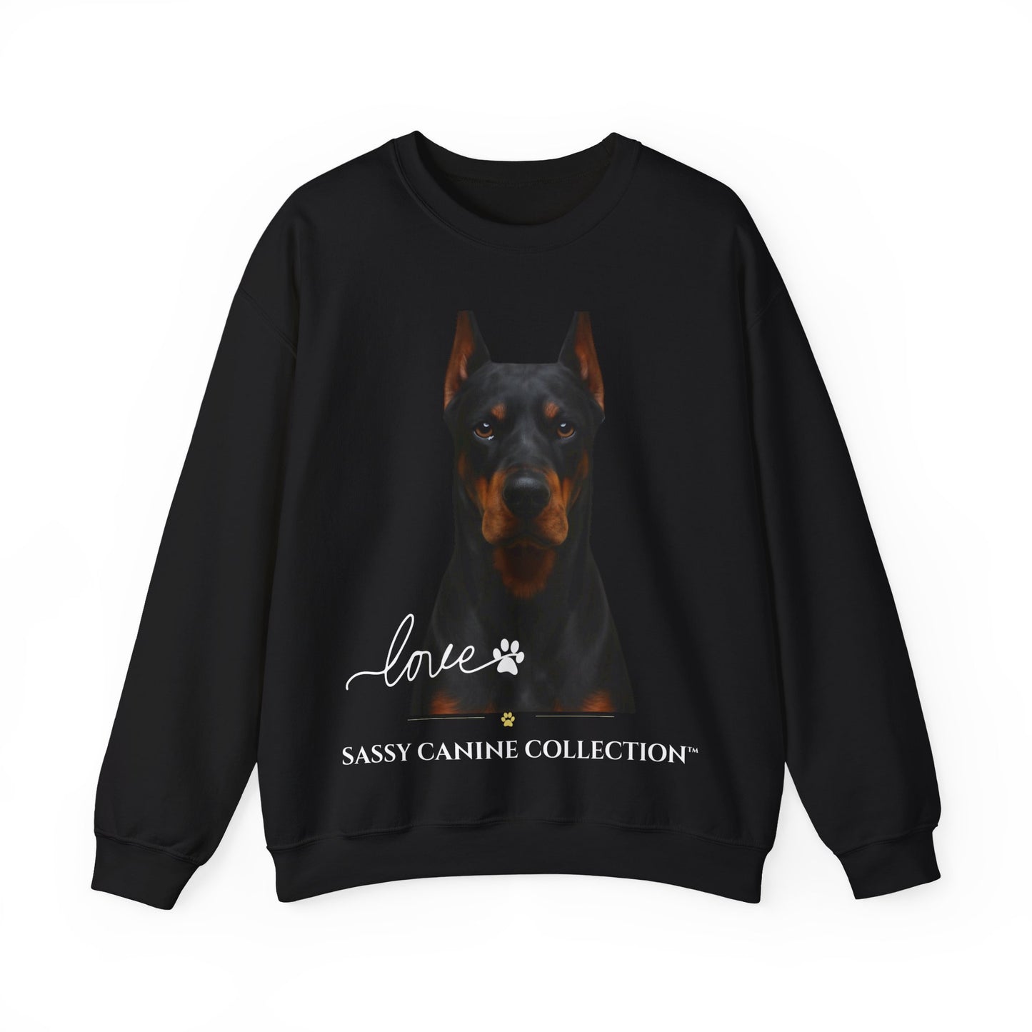 A black crewneck sweatshirt featuring a graphic print of a Doberman dog with the text 'love' and 'SASSY CANINE COLLECTION' on a white background.