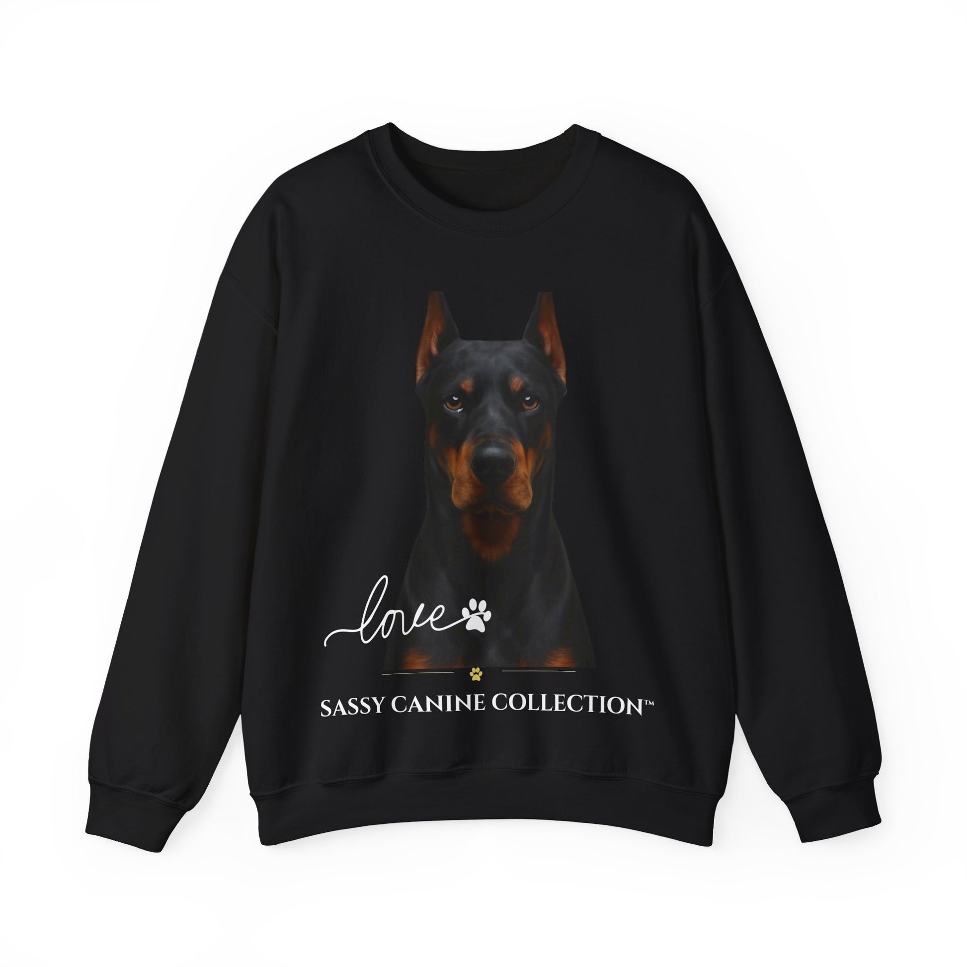 A black crewneck sweatshirt featuring a graphic print of a Doberman dog with the text 'love' and 'SASSY CANINE COLLECTION' on a white background.