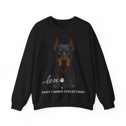 A black crewneck sweatshirt featuring a graphic print of a Doberman dog with the text 'love' and 'SASSY CANINE COLLECTION' on a white background.