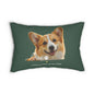 A rectangular dark green throw pillow featuring a printed portrait of a Pembroke Welsh Corgi with the word 'love' in white script, a paw print, and the text 'SASSY CAMINE COLLECTION' below.