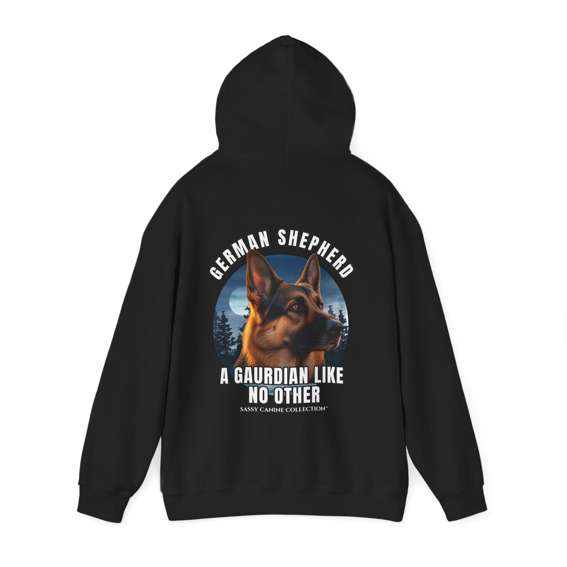 A black hoodie shown from the back, featuring a large graphic print of a German Shepherd dog and the text 'GERMAN SHEPHERD A GAURDIAN LIKE NO OTHER' on a white background.