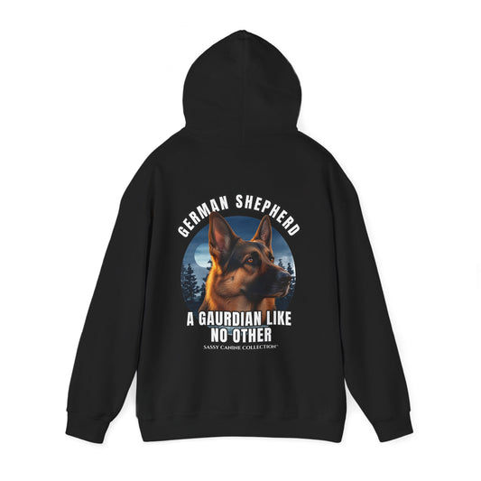 A black hoodie shown from the back, featuring a large graphic print of a German Shepherd dog and the text 'GERMAN SHEPHERD A GAURDIAN LIKE NO OTHER' on a white background.