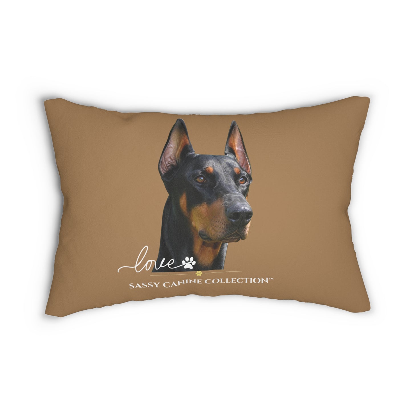 an throw pillow featuring a printed portrait of a Doberman, with the text 'love' and 'SASSY CAHIPE COLLECTION'