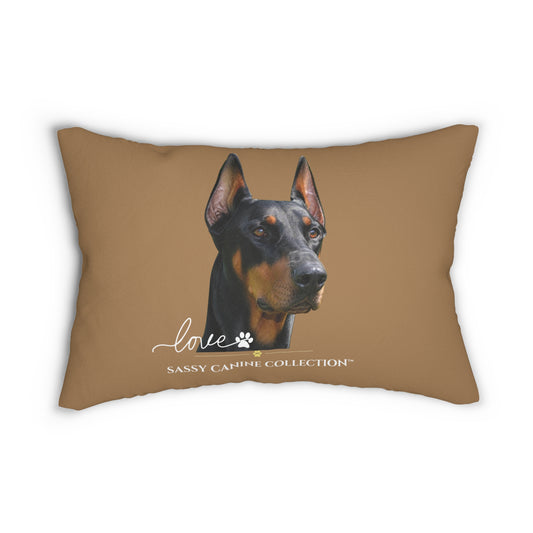 an throw pillow featuring a printed portrait of a Doberman, with the text 'love' and 'SASSY CAHIPE COLLECTION'