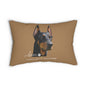 an throw pillow featuring a printed portrait of a Doberman, with the text 'love' and 'SASSY CAHIPE COLLECTION'