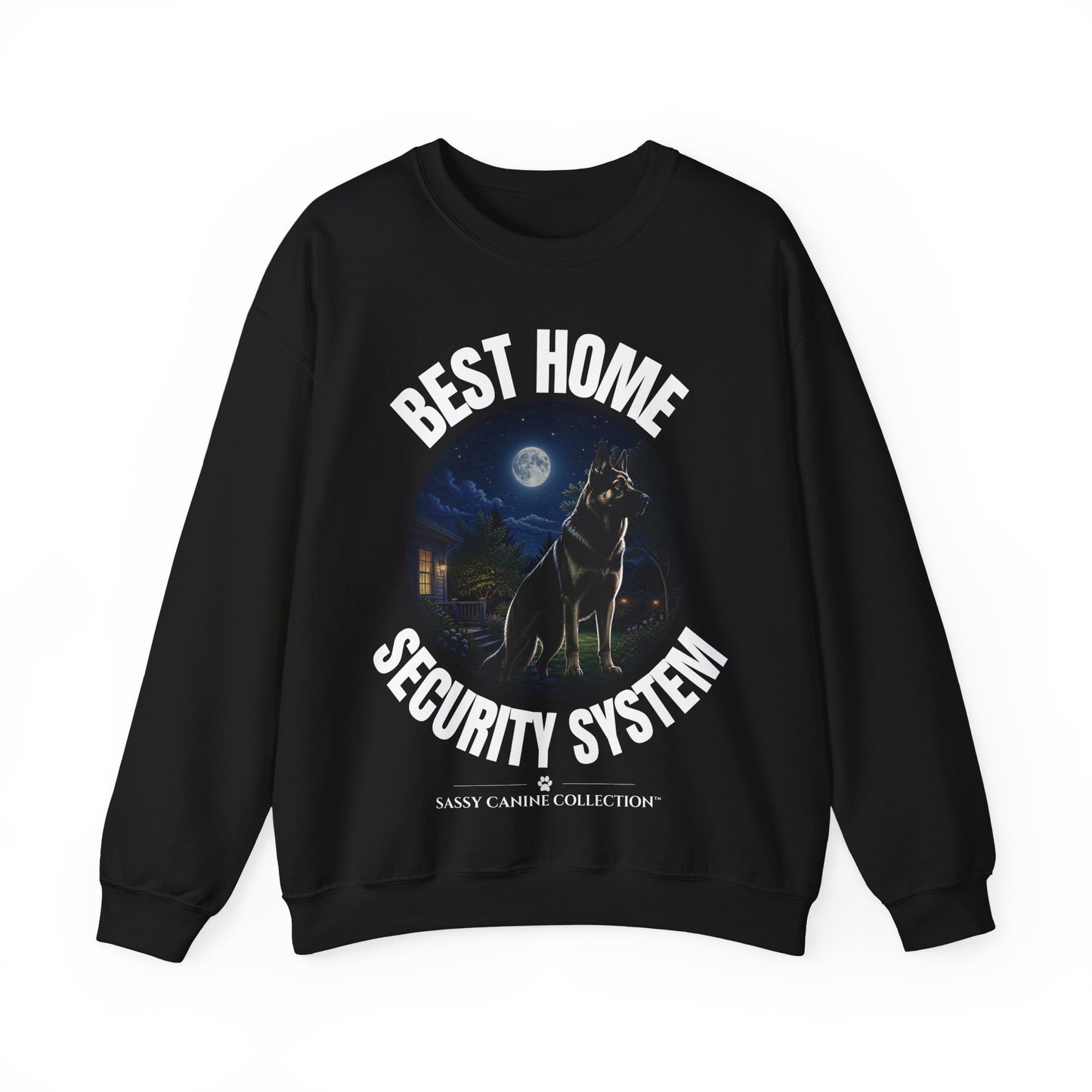 Crewneck Sweatshirt — “Best Home Security System” Dog Night Design
