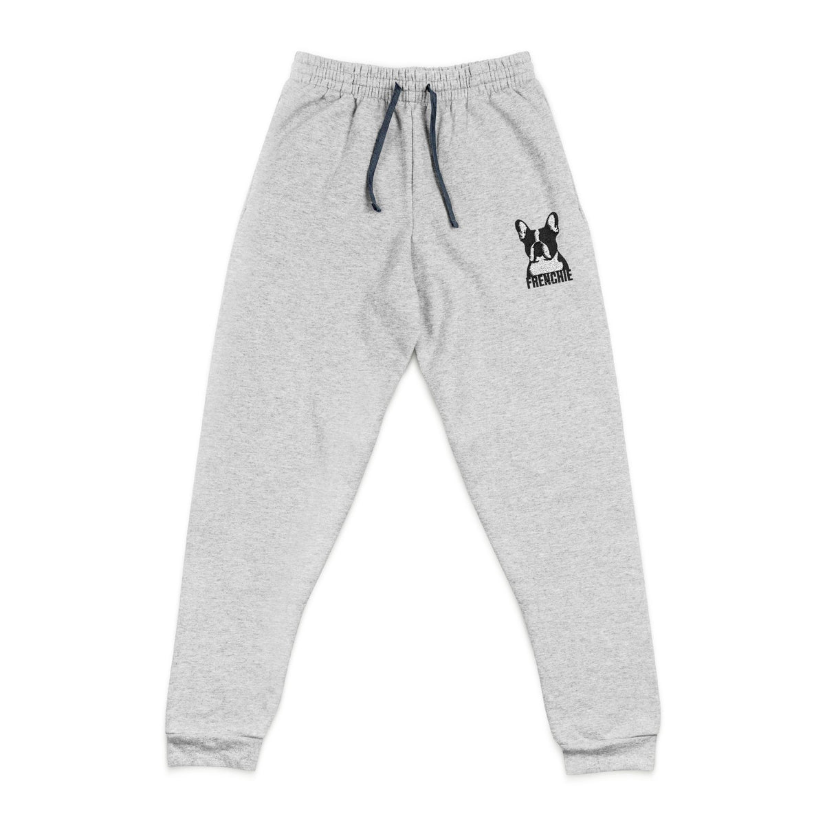 Gray sweatpants with French Bulldog logo on upper thigh