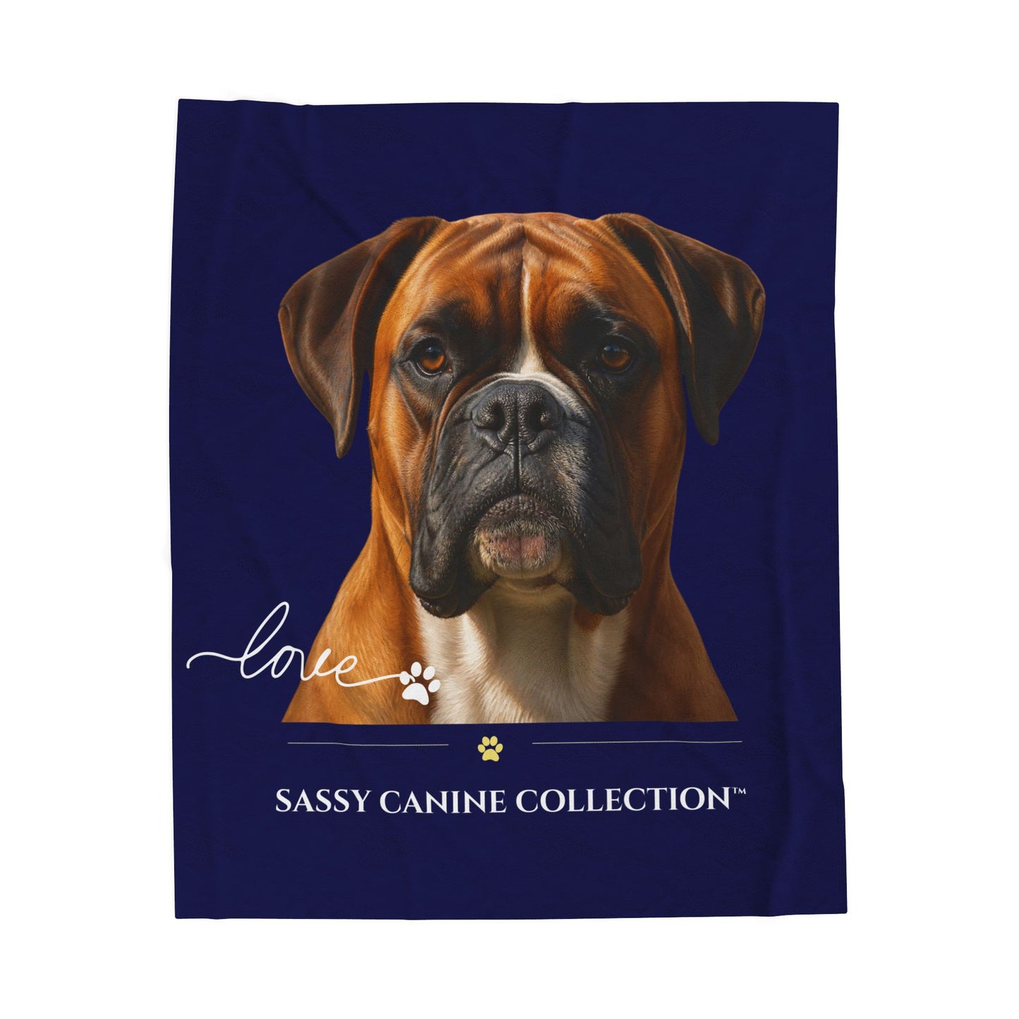 A custom printed blanket featuring a a Boxer dog on a dark navy blue background, with the text 'SASSY CANINE COLLECTION' and 'love' written on the front.