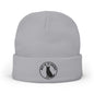 A light gray knit beanie hat with a folded cuff, featuring a black circular embroidered logo on the front that reads 'MY K-9 HERO' around a dog silhouette.
