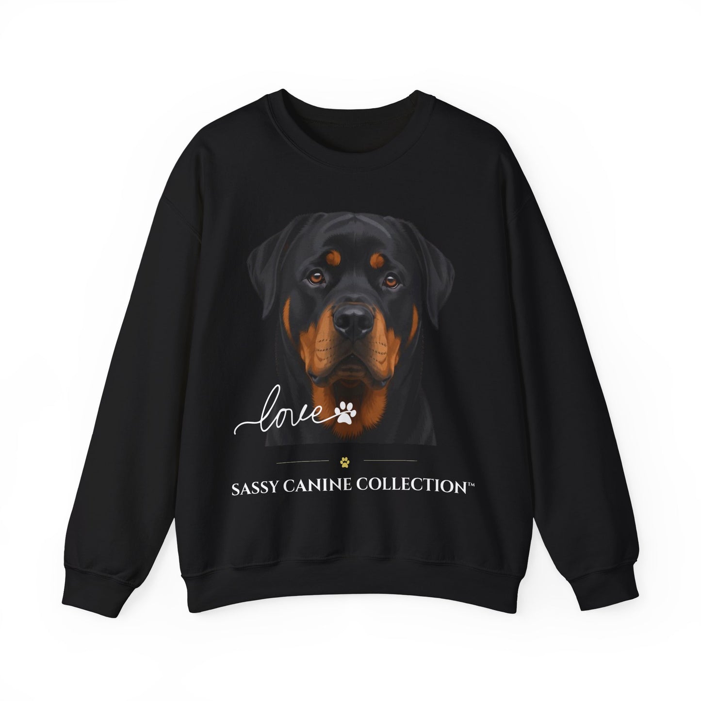 A black crewneck sweatshirt featuring a graphic print of a Rottweiler dog's face with the text 'love' in white script, a paw print, and 'SASSY CANINE COLLECTION' printed below.