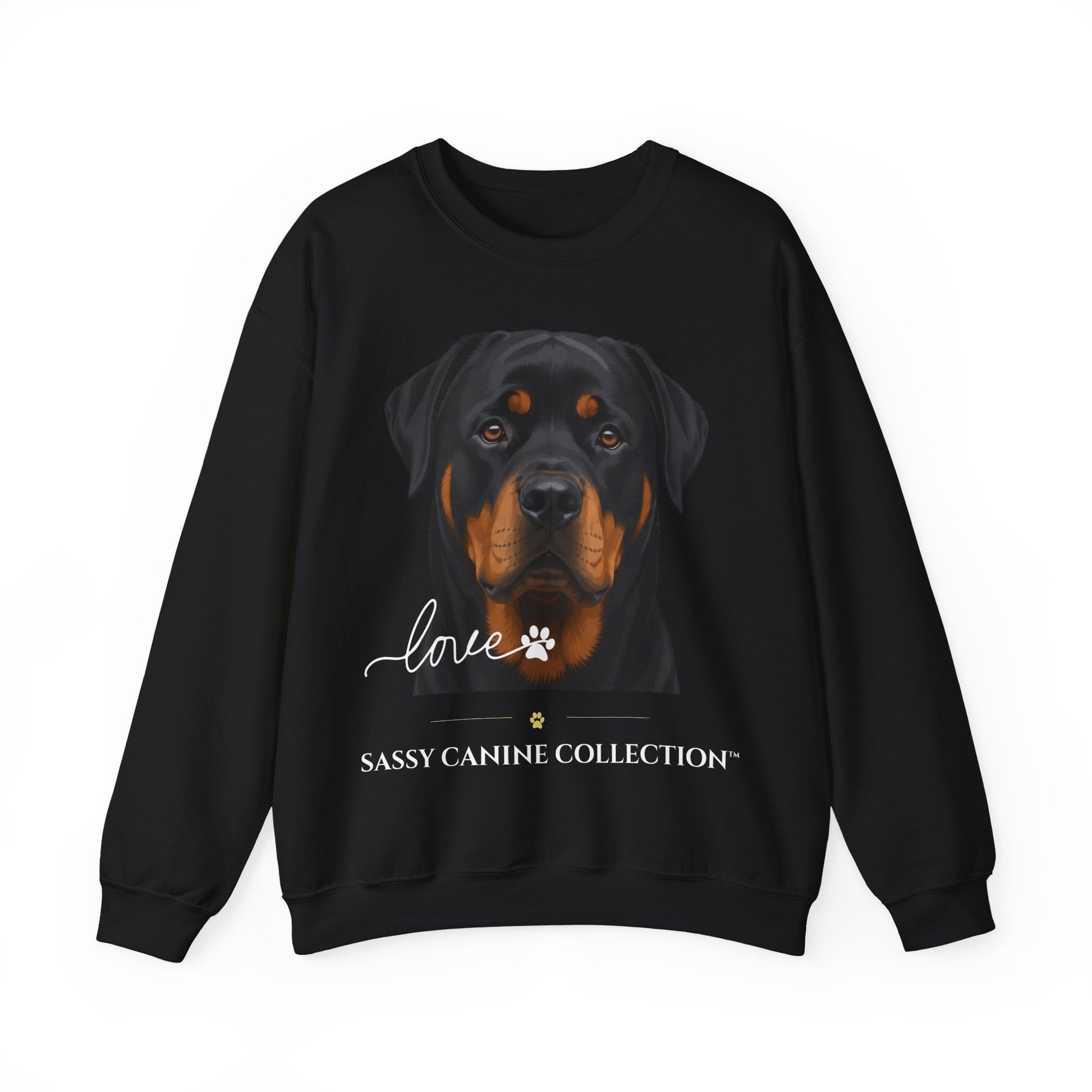 A black crewneck sweatshirt featuring a graphic print of a Rottweiler dog's face with the text 'love' in white script, a paw print, and 'SASSY CANINE COLLECTION' printed below.