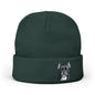 A dark forest green knit beanie hat featuring an image of a French Bulldog