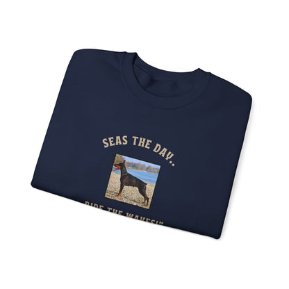 "Doberman Seas The Day....Ride The Waves!" Unisex Heavy Blend™ Crewneck Sweatshirt