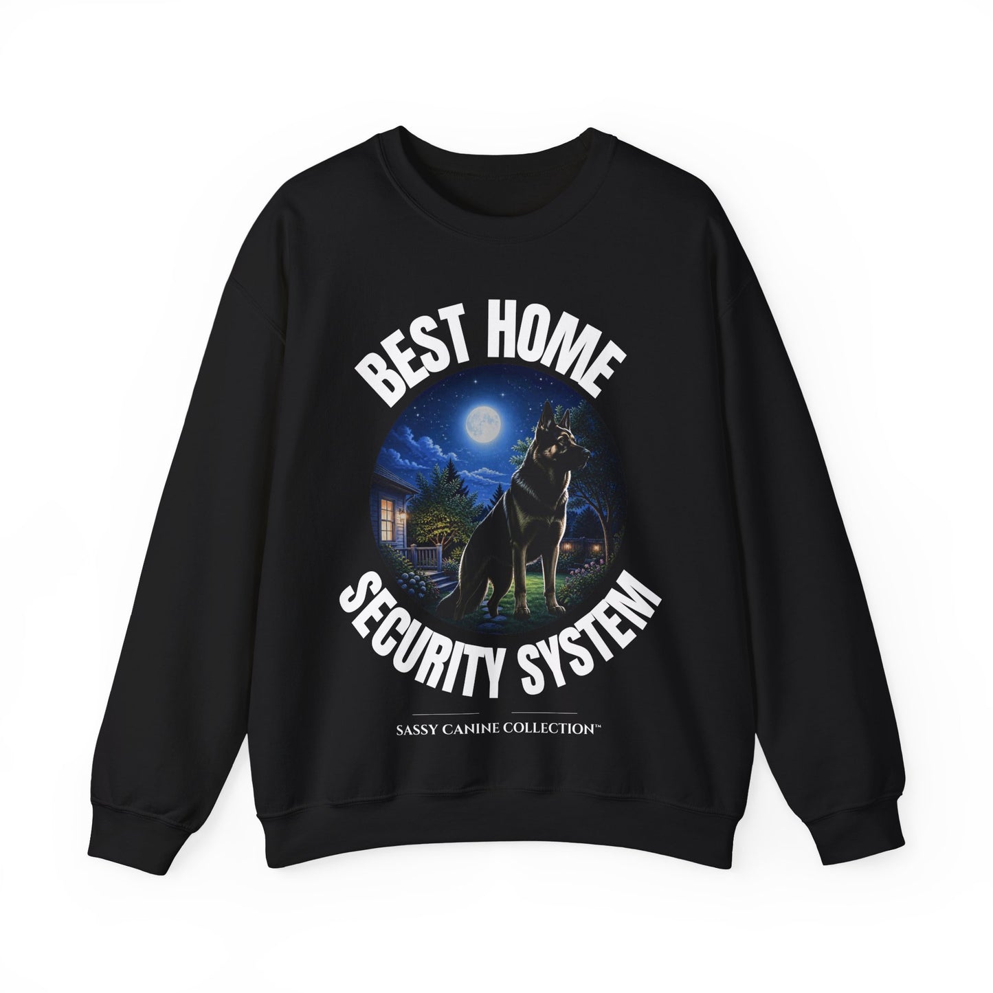 A black crewneck sweatshirt featuring a graphic print of a dog standing in front of a house under a full moon, with the text 'BEST HOME SECURITY SYSTEM' arched above and below the illustration. Small text at the bottom reads 'SANSY CAHON COLLECTION'.