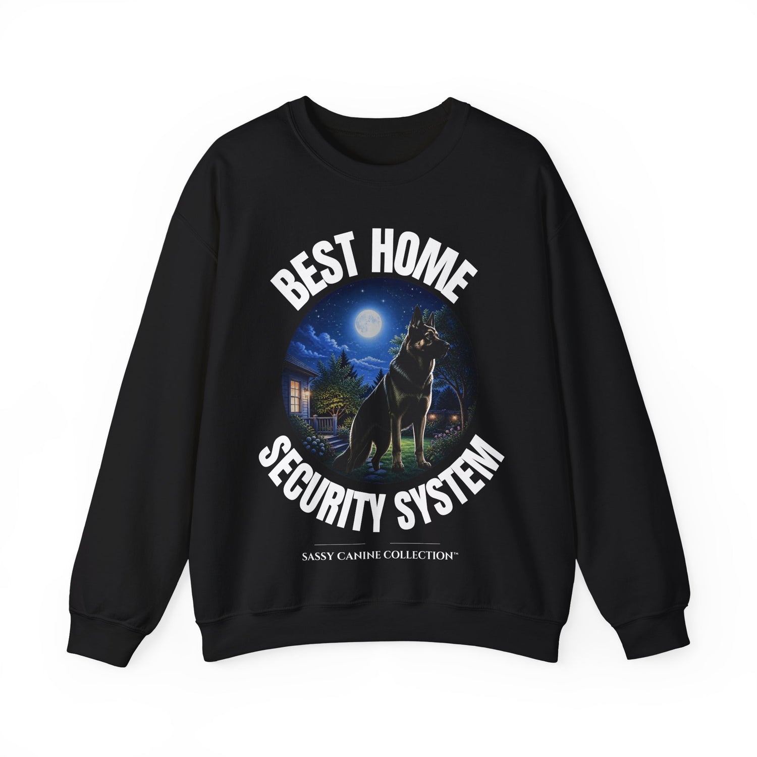A black crewneck sweatshirt featuring a graphic print of a dog standing in front of a house under a full moon, with the text 'BEST HOME SECURITY SYSTEM' arched above and below the illustration. Small text at the bottom reads 'SANSY CAHON COLLECTION'.