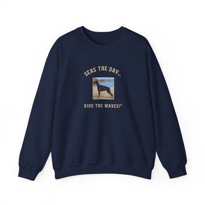 "Doberman Seas The Day....Ride The Waves!" Unisex Heavy Blend™ Crewneck Sweatshirt