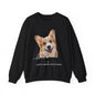 A black crewneck sweatshirt featuring a graphic print of a smiling Corgi dog with the text 'Love' and 'SASSY CANINE COLLECTION' on the front, displayed against a solid white background.