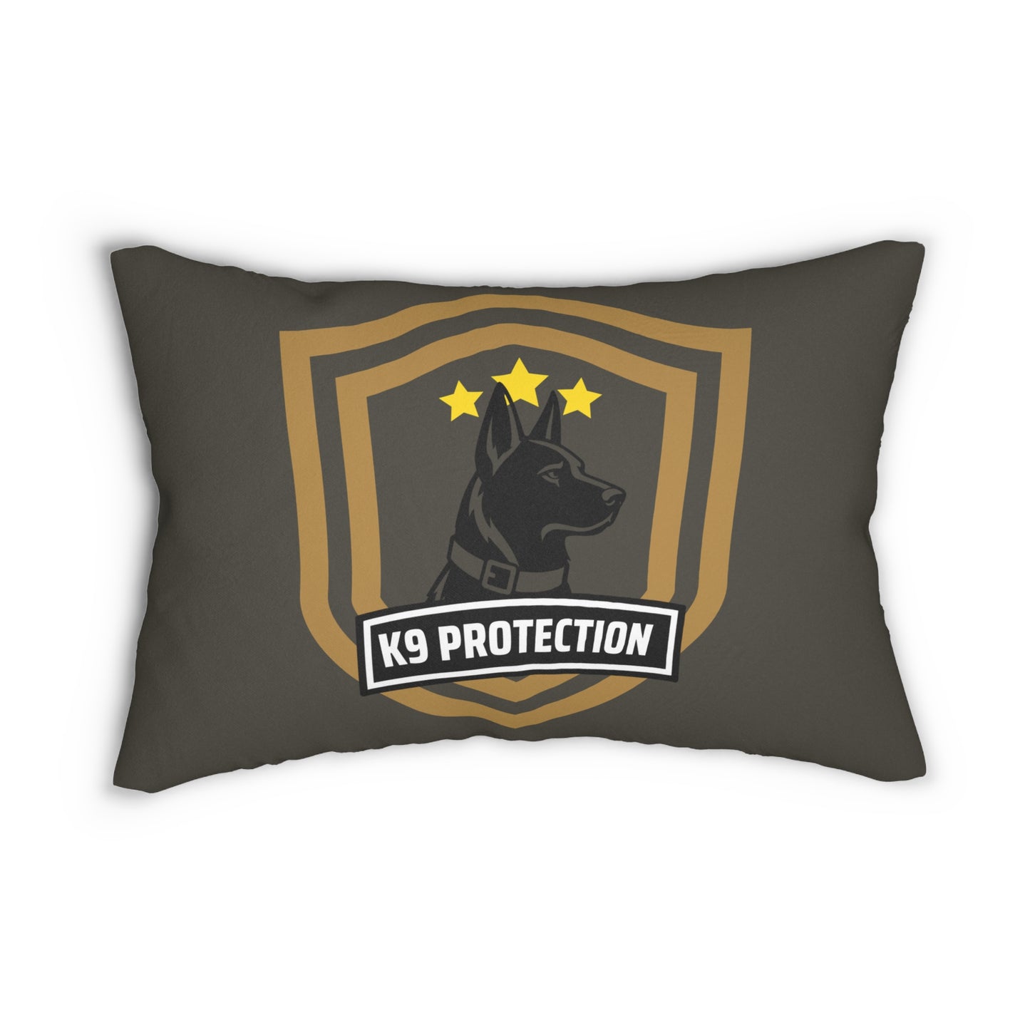 A dark gray throw pillow featuring a large a German Shepherd inside a gold shield with three stars and a banner reading 'K9 PROTECTION'.