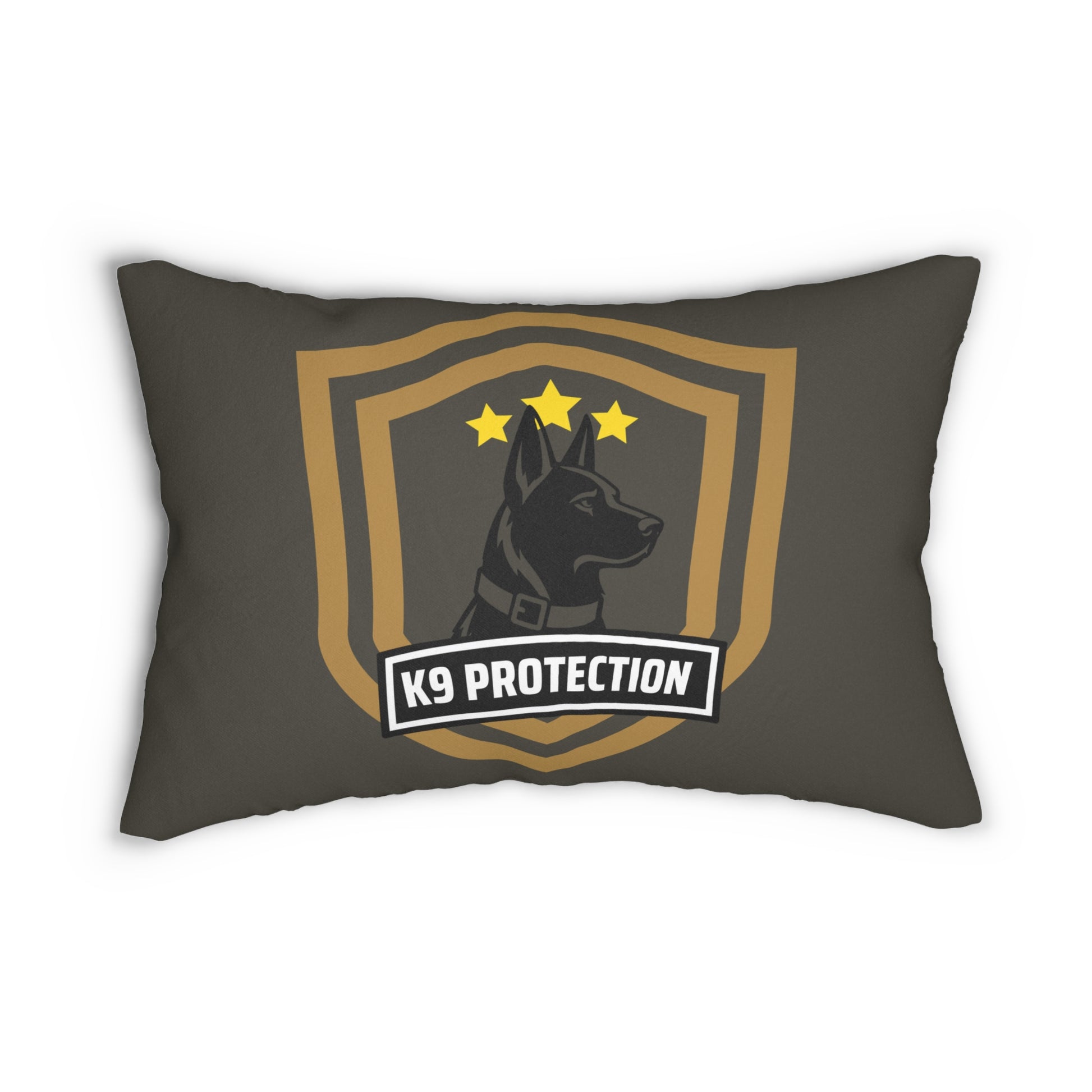 A dark gray throw pillow featuring a large a German Shepherd inside a gold shield with three stars and a banner reading 'K9 PROTECTION'.