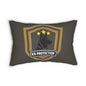 A dark gray throw pillow featuring a large a German Shepherd inside a gold shield with three stars and a banner reading 'K9 PROTECTION'.