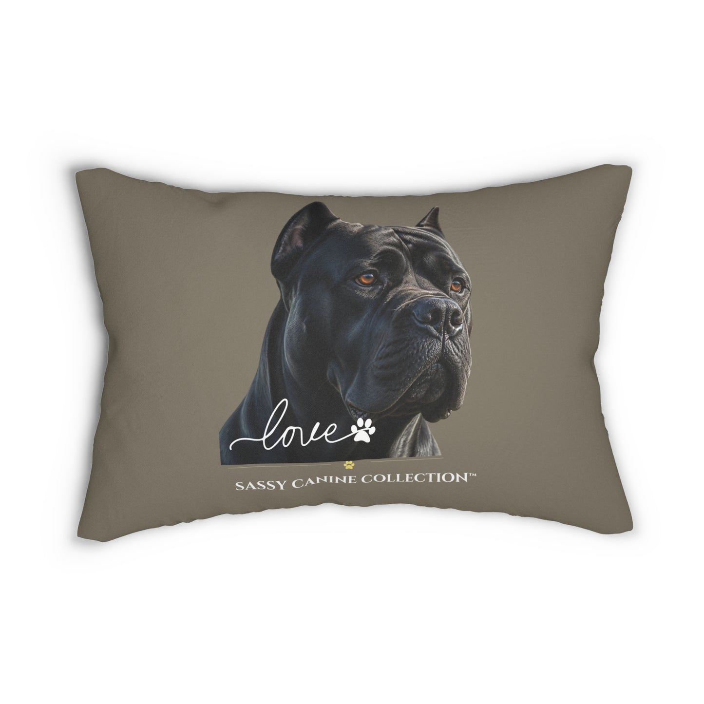 A 14x20 throw pillow in taupe with a black Italian Cane dog, featuring the word 'love' in white script, a paw print, and the text 'SASSY CAMINE COLLECTION' at the bottom.