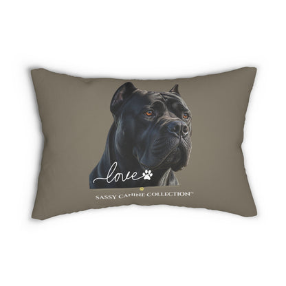 A 14x20 throw pillow in taupe with a black Italian Cane dog, featuring the word 'love' in white script, a paw print, and the text 'SASSY CAMINE COLLECTION' at the bottom.