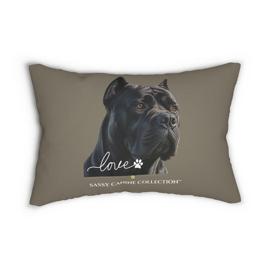 A 14x20 throw pillow in taupe with a black Italian Cane dog, featuring the word 'love' in white script, a paw print, and the text 'SASSY CAMINE COLLECTION' at the bottom.