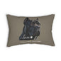 A 14x20 throw pillow in taupe with a black Italian Cane dog, featuring the word 'love' in white script, a paw print, and the text 'SASSY CAMINE COLLECTION' at the bottom.