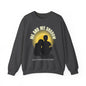 A dark gray crewneck sweatshirt featuring a graphic print of a silhouette of a couple sitting in front of a yellow sun, with the text 'ME AND MY SHADOW' arched above and 'SASSY CANINE COLLECTION' printed below
