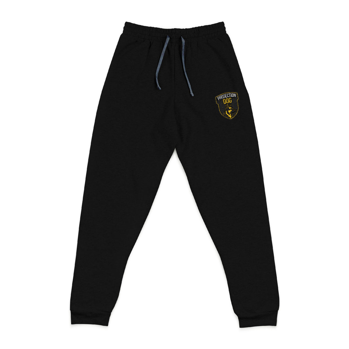 lack sweatpants with a drawstring waist and an embroidered dog protection shield 