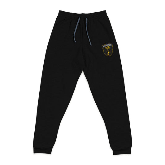 lack sweatpants with a drawstring waist and an embroidered dog protection shield 