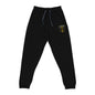 lack sweatpants with a drawstring waist and an embroidered dog protection shield 