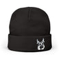 A black knit beanie hat with a folded cuff, featuring a German Shepherd 