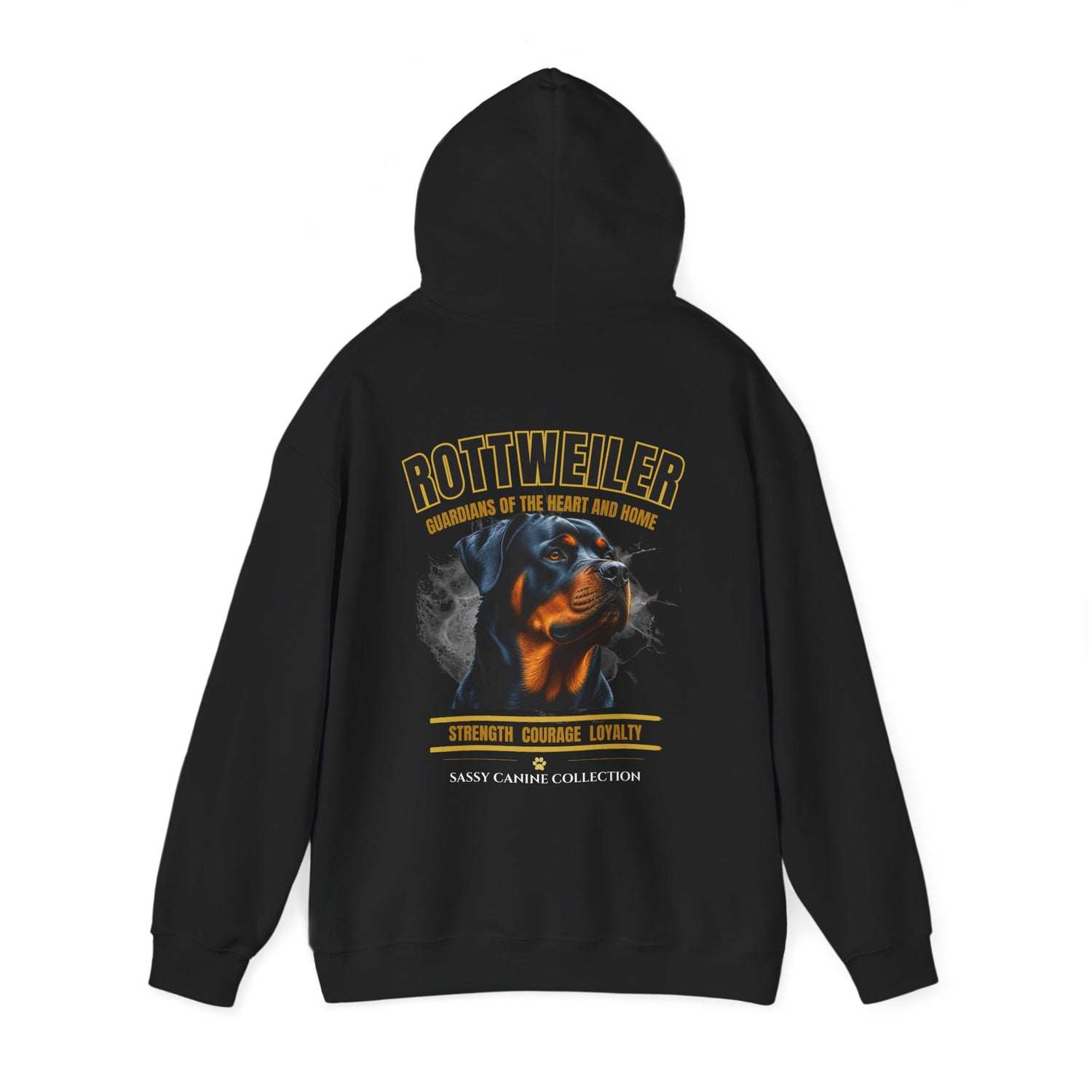 A black hoodie shown from the back, featuring a graphic print of a Rottweiler dog with yellow text that reads 'ROTTWEILER' and 'GUARANTEES OF THE HEART AND HOME' along with 'Sassy Canine Collection' at the bottom.