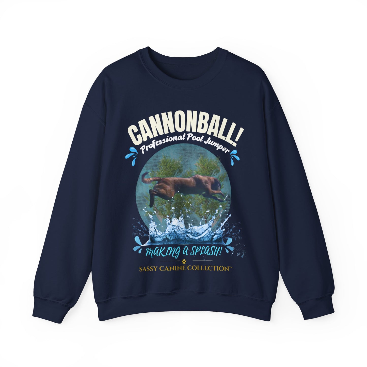A navy blue crewneck sweatshirt featuring a graphic print of a Golden Retriever jumping into a pool with the text 'GANNONBALL! Professional Pool Jumper' and 'making a splash'.