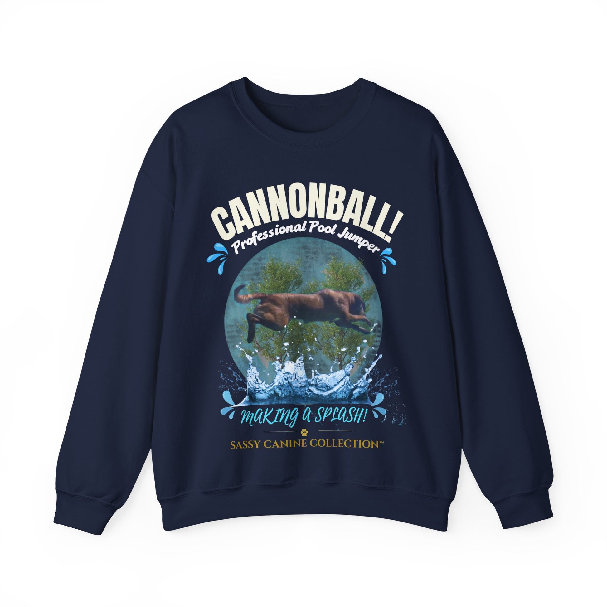 A navy blue crewneck sweatshirt featuring a graphic print of a Golden Retriever jumping into a pool with the text 'GANNONBALL! Professional Pool Jumper' and 'making a splash'.