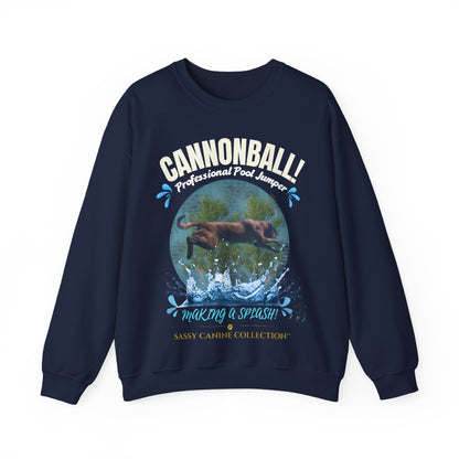 A navy blue crewneck sweatshirt featuring a graphic print of a Golden Retriever jumping into a pool with the text 'GANNONBALL! Professional Pool Jumper' and 'making a splash'.