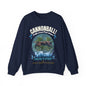 A navy blue crewneck sweatshirt featuring a graphic print of a Golden Retriever jumping into a pool with the text 'GANNONBALL! Professional Pool Jumper' and 'making a splash'.