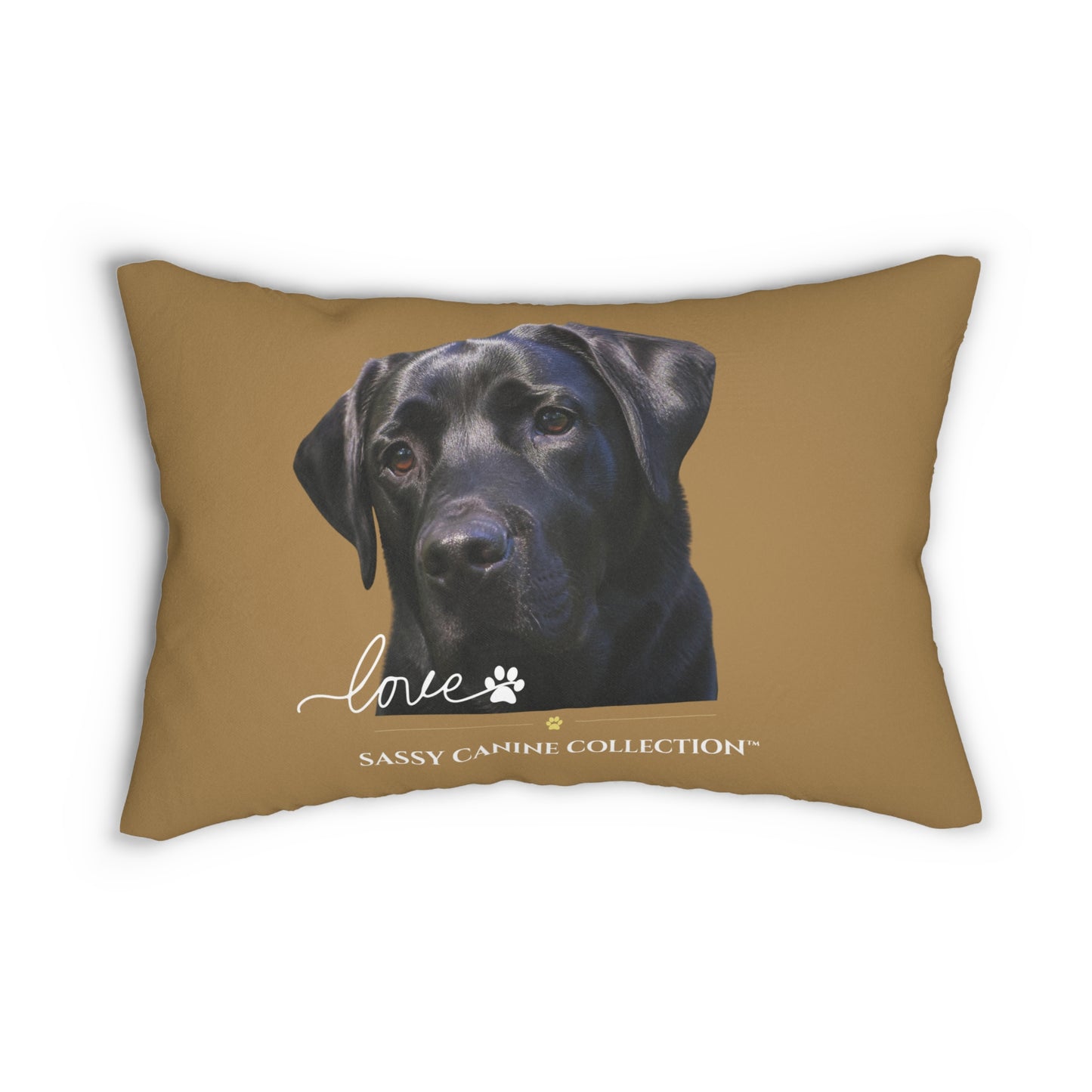 A  lumbar throw pillow featuring a black Labrador, with the word 'love' in white script, a paw print, and the text 'SASSY CANINE COLLECTION' below.