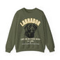 An olive green crewneck sweatshirt featuring a graphic print of a black Labrador dog with the text 'LABRADOR LIFE IS BETTER WITH A LAB.' and 'SASSY CANINE COLLECTION' in cream and gold lettering.