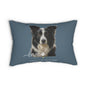 A  decorative lumbar pillow in slate blue with a printed portrait of a black and white dog and the text 'love' and 'Sassy Camille Collection' on the front.